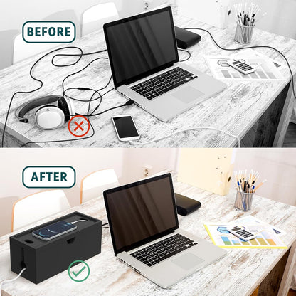 Bamboo Cable Management Box, Large Cord Organizer Box Cable Box to Hide Wires & Power Strips for Desktop Storage Cord Holder for Office Home,No Assembley Required (All Black, 1Medium)