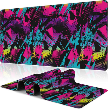 Abstract Grunge Elements Desk Mat,Large Neon Color Patterns Gaming Keyboard Mouse Pad,Non-Slip Rubber Base Desk Pad Thick Stitched Edges Waterproof Mousepad Mouse Mat 31.5"x11.8"