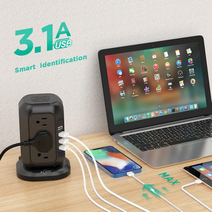 AiJoy Power Strip Tower 16.4 ft Cord, Surge Protector with 12 AC Outlet and 4 USB Ports, Charging Station Extension Cord with Multiple Outlets for Home, Office, Dorm Room Essentials black-15FT