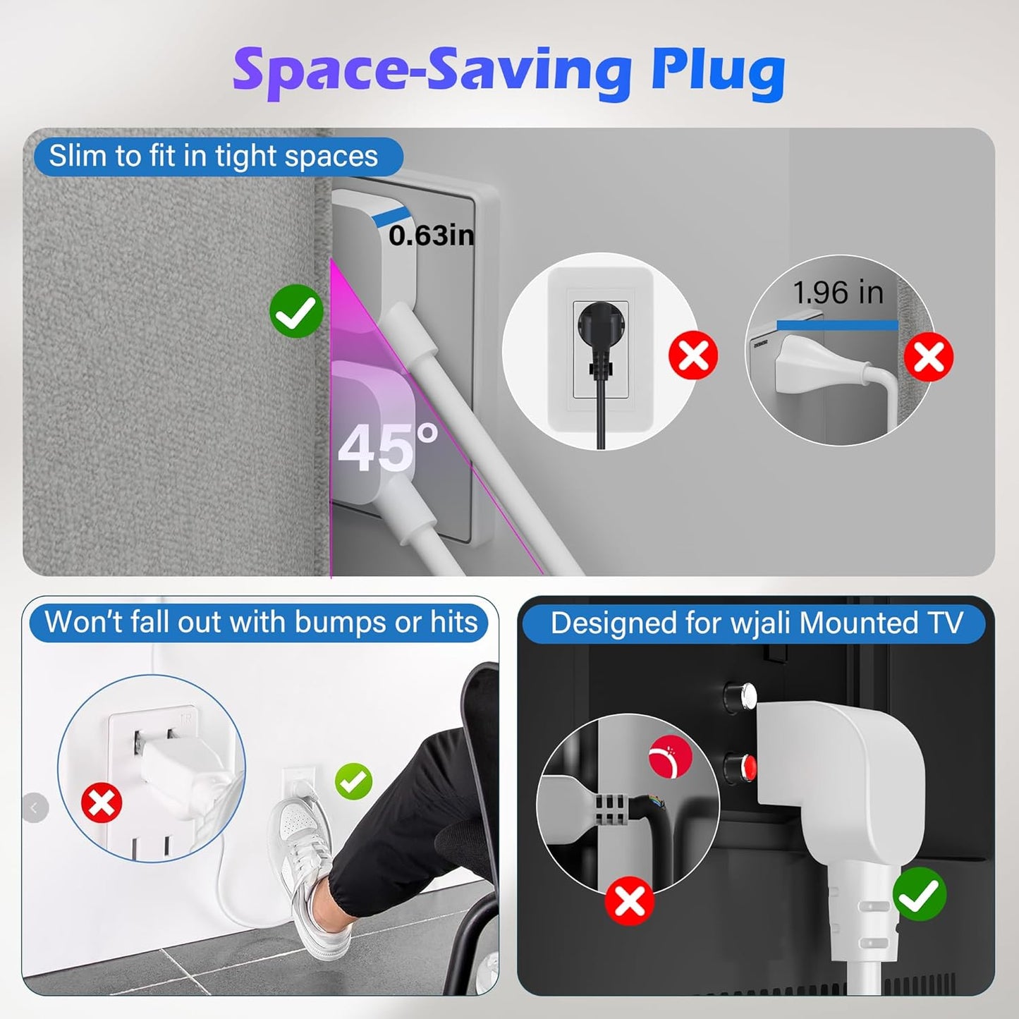 Adoreen 10 Ft Computer TV Replacement Power Cord White, Low Profile Flat Plug to 90 Degree Angled L-Shaped 18AWG 3-Prong AC Universal Power Supply Cable for Printer, PC, Monitor TV LCD, ETL+Ties