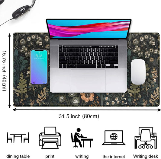Dark Flower Desk Mat Floral Plants Mouse Pad, Aesthetic Wildflowers Large Gaming Mousepad Desk Pad, XXL Keyboard Mouse Mat Full Desktop Mat Women Office Desk Accessories Cover Mat 31.5"x15.75"