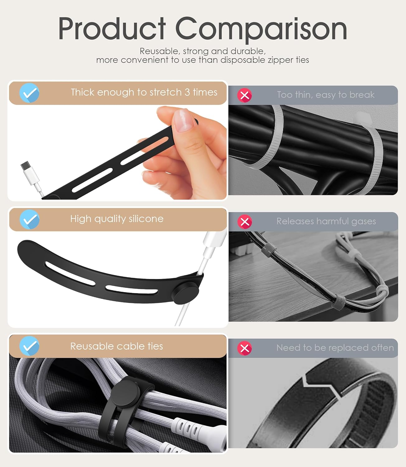 40Pcs Nearockle Reusable Cable Ties, Adjustable Silicone Cord Organizer Small Zip Ties for Charging Cords Earphone Computer Wire, Office Desk Cable Management Travel Accessories(White&Black)