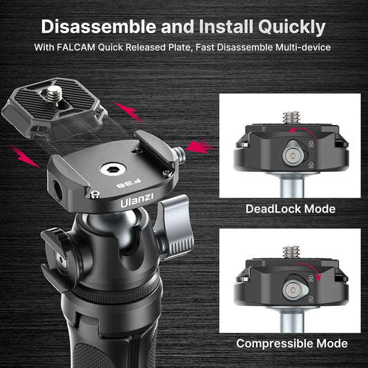ULANZI Camera Tripod, MT-46 Aluminum Alloy Phone Tripod for Camera with F38 Quick Release Plate, 4 Levels Adjustment 360 Ball Head with Cold Shoe Lightweight Portable Vlog Travel Selfie Stick for DSLR