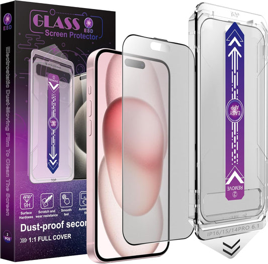 2 Pack Matte Screen Protector for iPhone 14 Pro/iPhone 15 / iPhone 16,9H Tempered Glass,Full Coverage,Anti-Fingerprint,Auto Dust-Elimination,No Bubble,Easy Installation