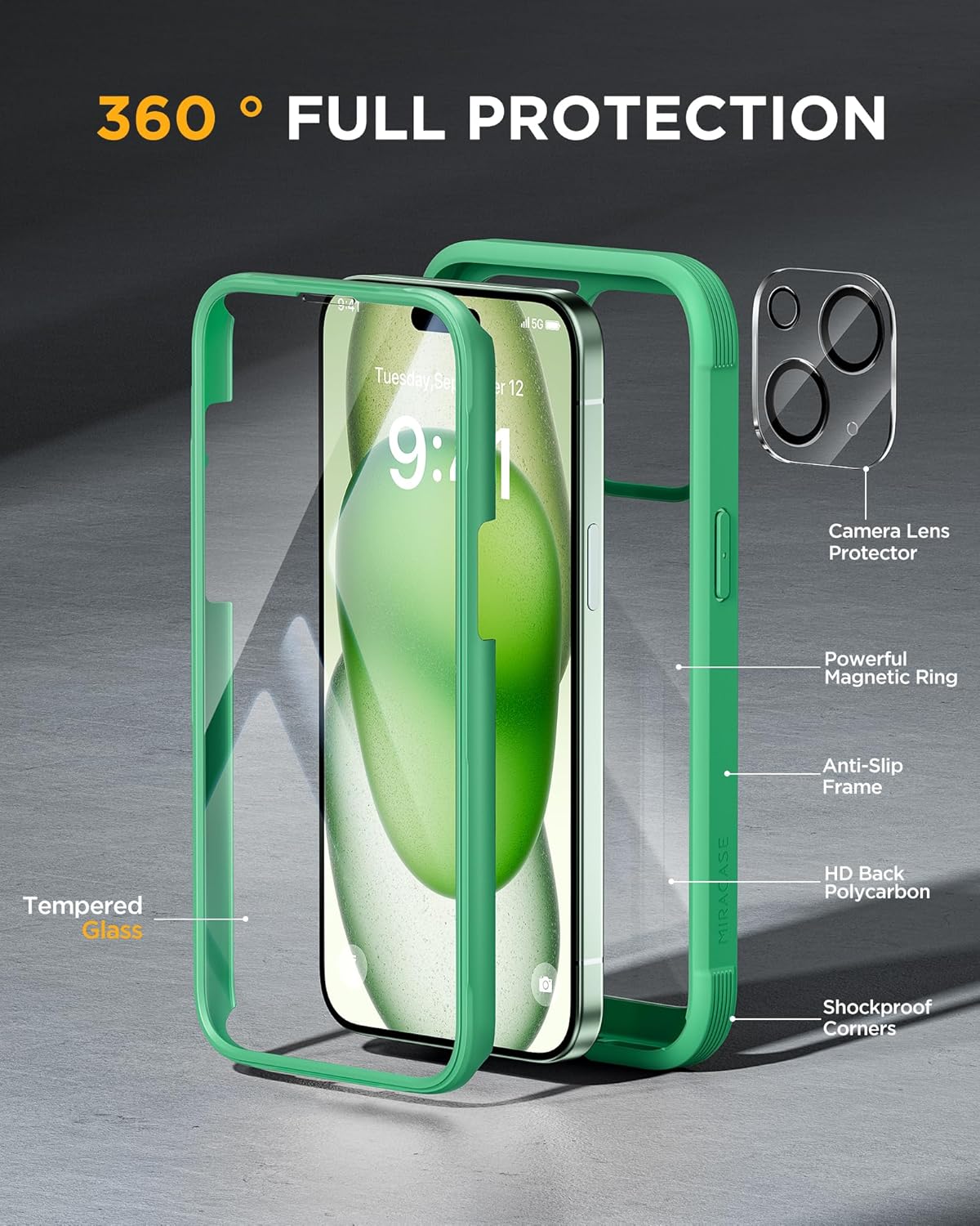 Miracase Glass Series Designed for iPhone 15 Plus Case 6.7',Full-Body Military Drop Proof 15 Plus Phone Case Cover with Built-in 9H Tempered Glass Screen Protector,Green