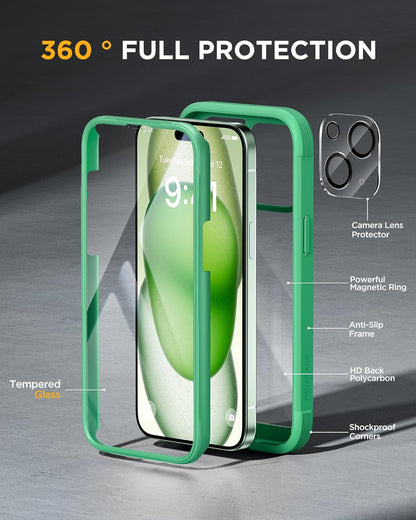 Miracase Glass Series Designed for iPhone 15 Plus Case 6.7',Full-Body Military Drop Proof 15 Plus Phone Case Cover with Built-in 9H Tempered Glass Screen Protector,Green