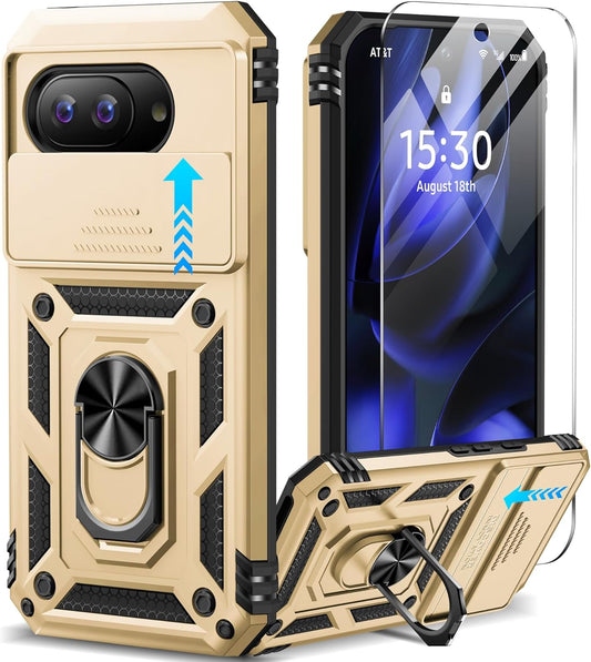 Taisairu for Google Pixel 9A Case with Screen Protector & Slide Camera Lens Cover, Built-in 360°Rotate Magnetic Ring Stand Shockproof Protective Phone Case for Google Pixel 9A Case (Gold)
