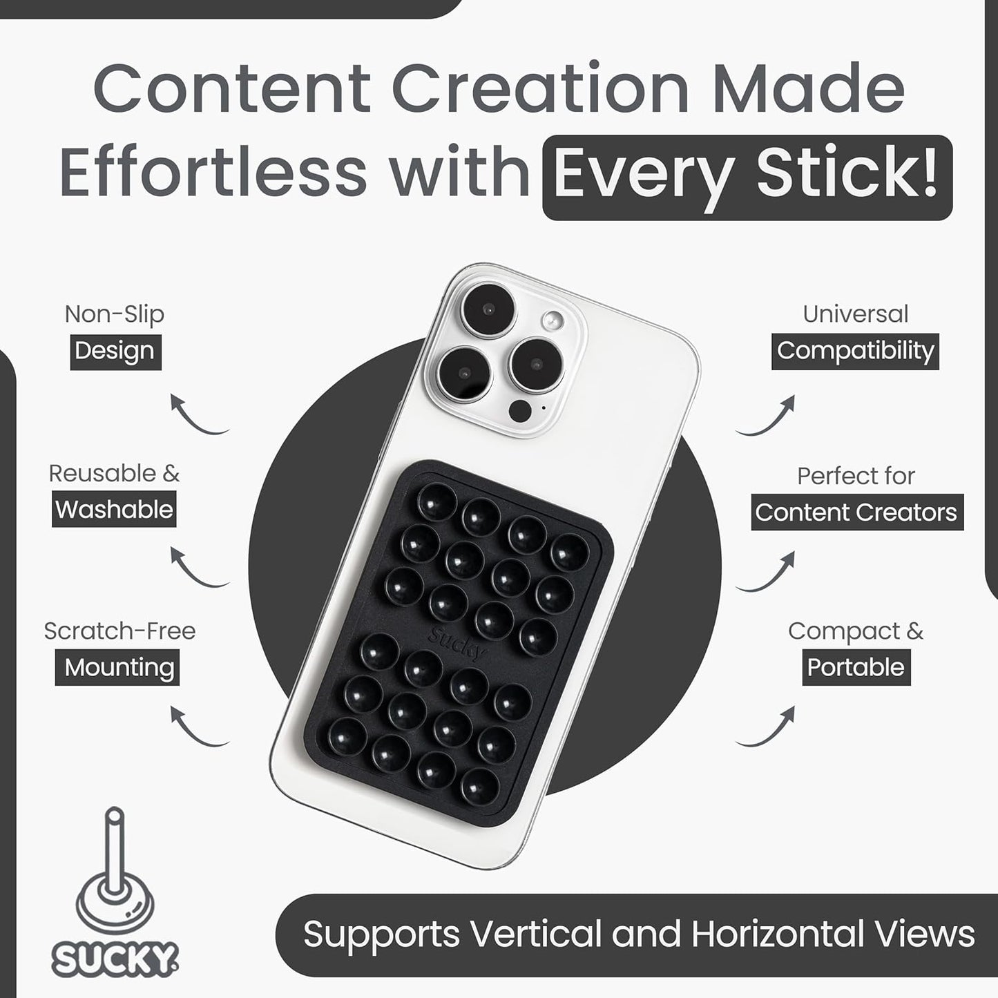 SUCKY Silicone Suction Phone Case Adhesive Mount - Anti-Slip Holder, Hands-Free Fidget Toy, Phone Accessory for iPhone and Android (Deep Black, Magnetic)