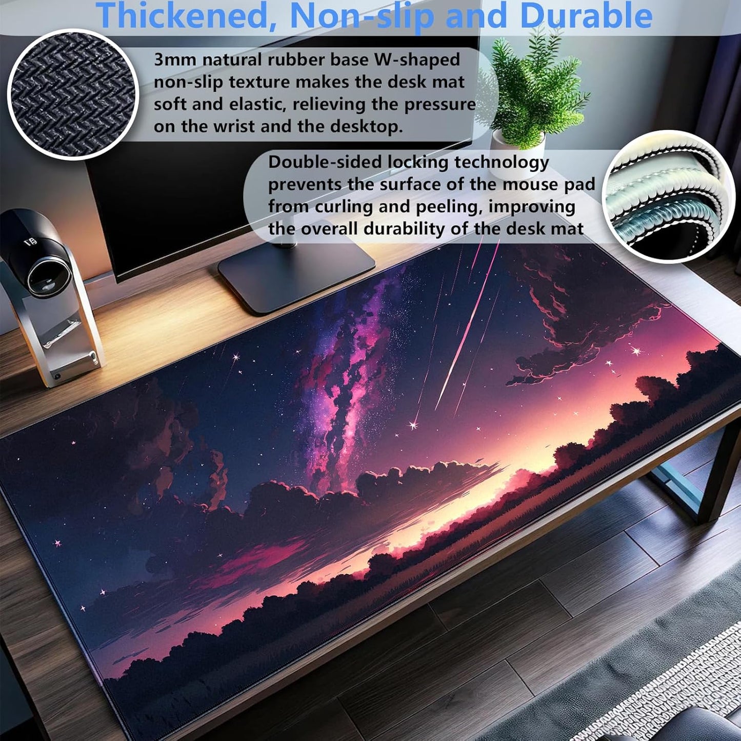 Anime Aesthetic Purple Galaxy Cloud Mouse Pad XXL Extended Gaming Desk Mat 31.5x15.7 Inch for Laptop, Keyboard & Mouse, Office Computer Desk Decor