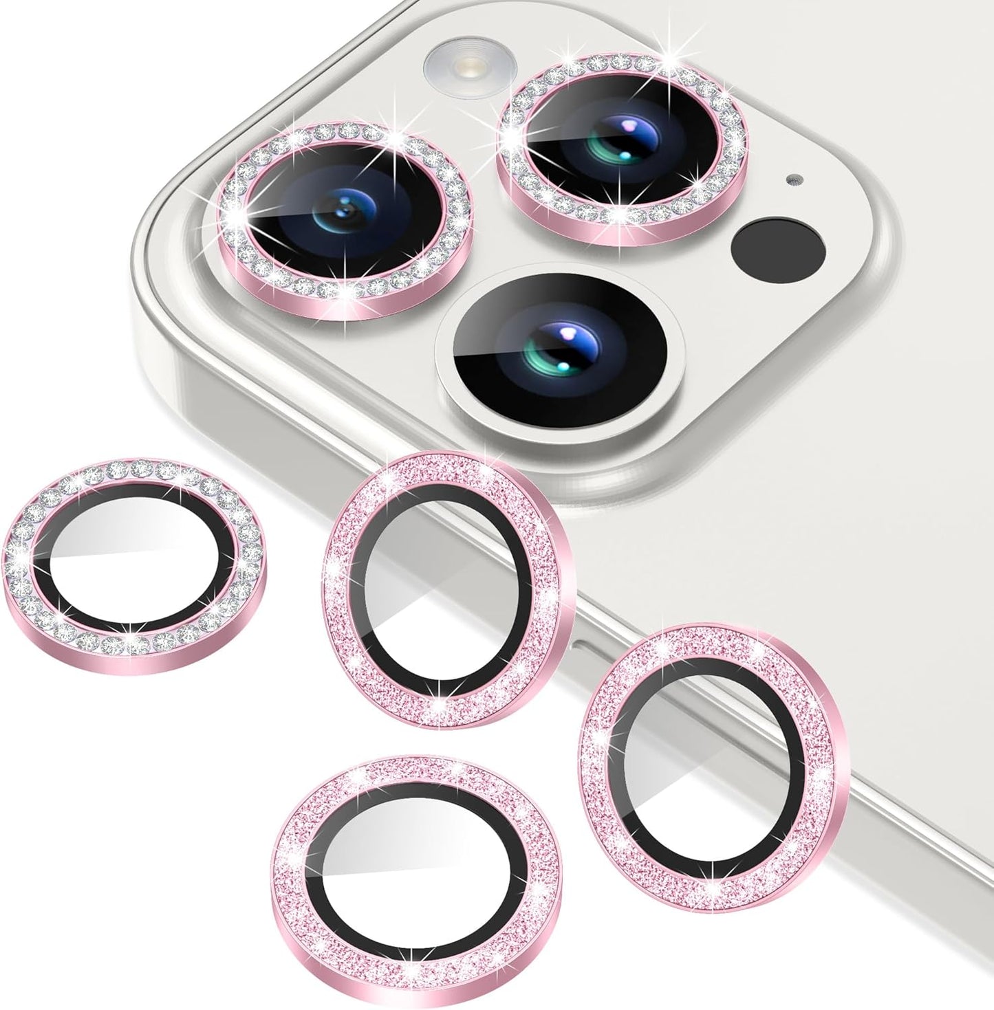 AGVEE 3+3 6 Pack for iPhone 15 Pro 6.1" / 15 Pro Max 6.7" Camera Lens Cover Protector, Bling Diamond & Bling Glitter Metal Ring 9H Tempered HD Glass Camera Cover Protector Film, Bling-Pink