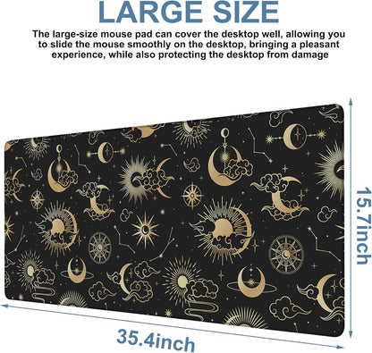 Gaming Desk Pad Large Extra Length Clouds, Moon and Sun Mouse Pad Keyboard Laptop Non-Slip Waterproof with Rubber Base Thick Stitched Edge Mouse Mat for Office Home 35.4 x 15.7 Inches