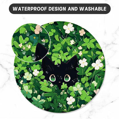 ITNRSIIET Round Mouse Pad with Stitched Edge Premium-Textured Waterproof Non-Slip Rubber Base Desktop Protection Mat Diameter 8.7 inches, Green Leave Cat