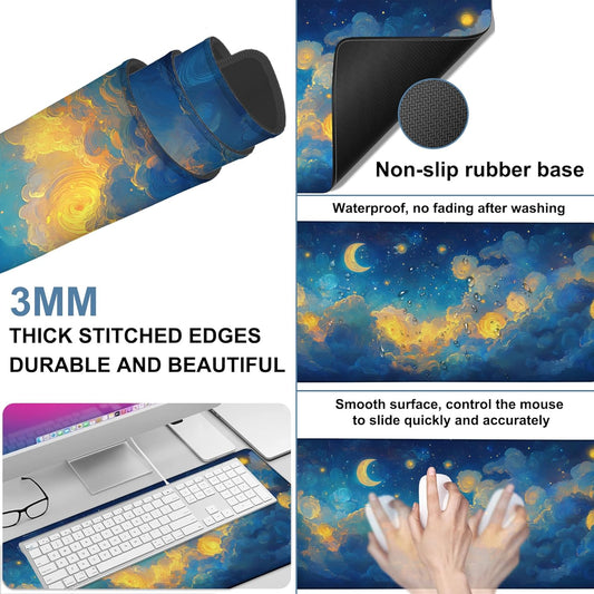Gaming Desk Pad Large Extra Length Night Sky Mouse Pad Keyboard Laptop Non-Slip Waterproof with Rubber Base Thick Stitched Edge Mouse Mat for Office Home 35.4 x 15.7 Inches