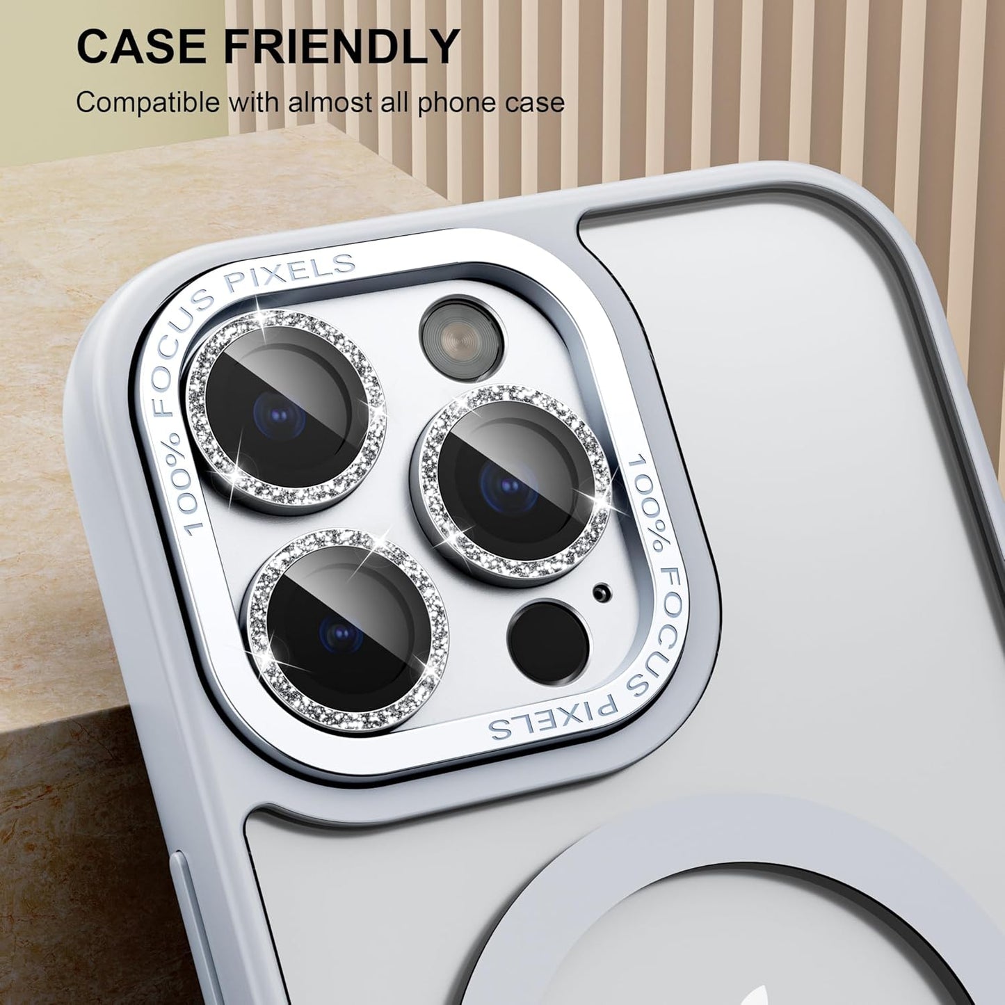 beuxece Compatible for iPhone 16 Pro/iPhone 16 Pro Max Camera Lens Protector, Bling Metal Tempered Glass Camera Screen Cover Accessories [Strong Adsorption][Case-Friendly]- Glitter Titanium Silver