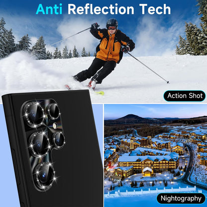 YWXTW Camera Lens Protector for Samsung Galaxy S24 Ultra, [Lithography Laser Gradient] [5X Strengthen] Bling Glitter Tempered Glass Screen Protector Metal Ring Camera Lens Cover (Titanium Black)