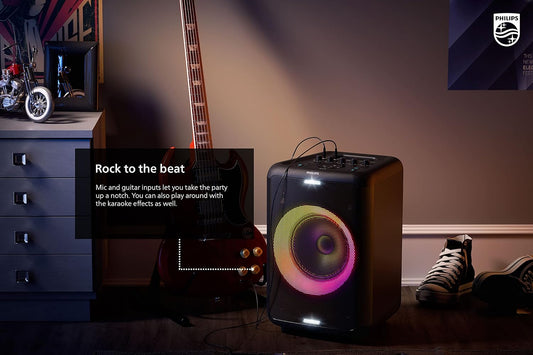 PHILIPS X3206 Bluetooth Party Speaker with Deep bass, Up to 14 Hours Battery, Party Lights and Karaoke Effects, Microphone and Guitar Input, Audio-in, USB Charging, Built-in Trolley, TAX3206