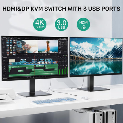 HDMI Displayport KVM Switch, 2 Computers 2 Monitors 4K@60Hz KVM Switcher Dual Monitor for 2 PC, 3 USB 3.0 Ports Support Extended/Mirror Mode with Desktop Controller&2 USB Cables&Power Adapter
