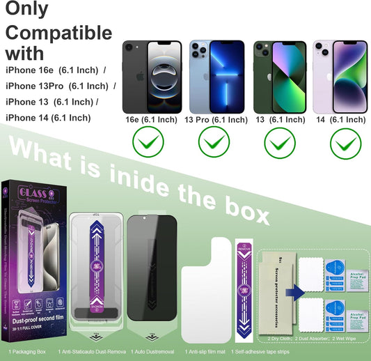 2 Pack Privacy Screen Protector for iPhone 16e and iPhone 14 and iPhone 13 and iPhone 13 Pro 6.1-Inch Auto Dust Removal, No Bubbles,Anti-Spy Tempered Glass Film, Easy Installation