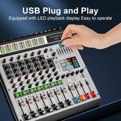 Depusheng AG8 Professional audio mixer 8 Channel with MP3 Player Source USB recording,With grouping and 2 AUX interfaces, 99DSP EFFECTfor Professional and Beginners