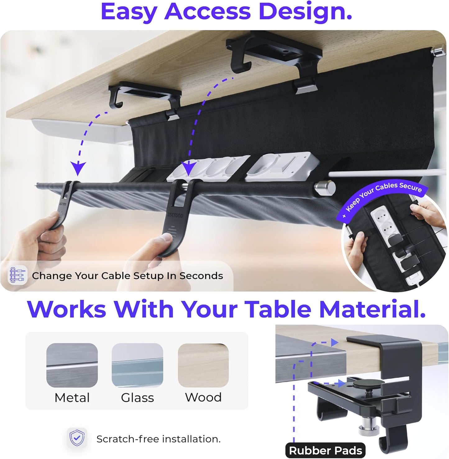 Ascrono Original No Drill Under Desk Cable Management Tray 27.3" - Premium Black Fabric Cable Management Under Desk - Clamp/Screw Mount Cord Organizer - Supports Upto 66lbs
