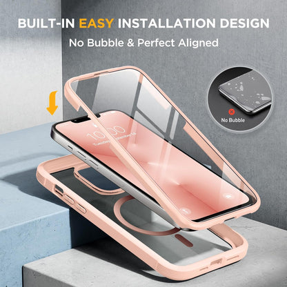 Miracase Magnetic Glass for iPhone 13 Pro Case,Compatible with MagSafe,Full-Body Bumper with Shockproof Military-Grade,Built-in 9H Tempered Glass Screen Protector for iPhone 13 Pro,Pink
