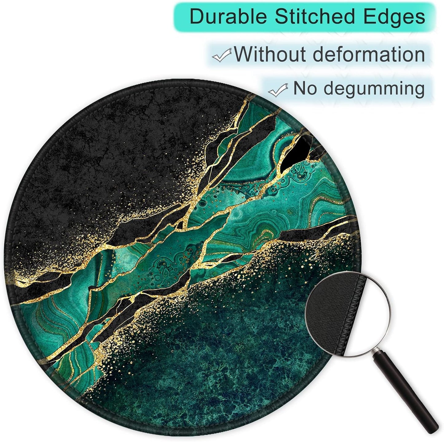 ITNRSIIET Round Mouse Pad with Stitched Edge Premium-Textured Waterproof Non-Slip Rubber Base Desktop Protection Mat Diameter 8.7 inches, Green Marble Gold