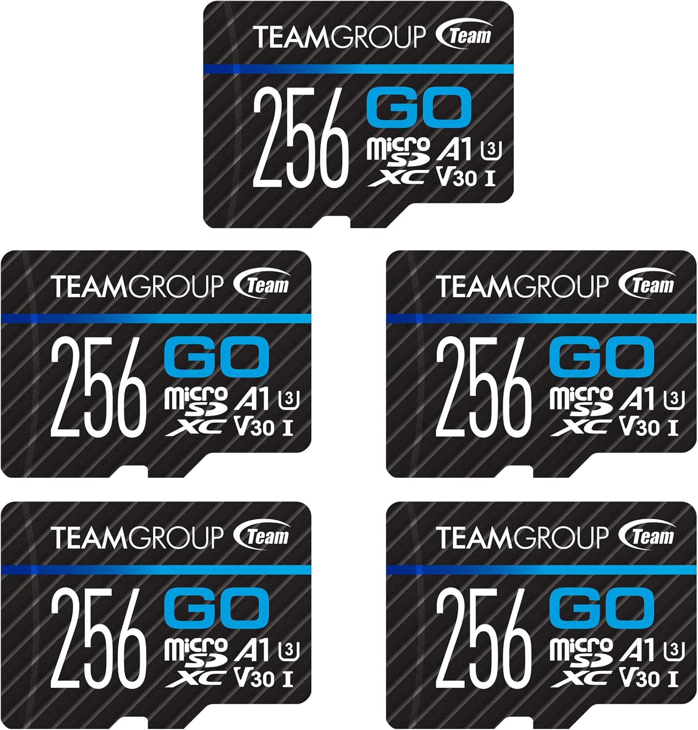 TEAMGROUP GO Card 256GB x 5 Pack Micro SDXC UHS-I U3 V30 4K for GoPro & Drone & Action Cameras High Speed Flash Memory Card for Outdoor Sports, 4K Shooting, Nintendo-Switch TGUSDX256GU368