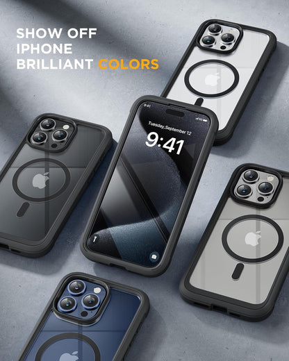 Miracase Magnetic for iPhone 15 Pro Case [Compatible with MagSafe] Full-Body Bumper Phone case with Built-in Glass Screen Protector& Camera Protector, Military Drop Proof 15 Pro Cover 6.1 inch, Black