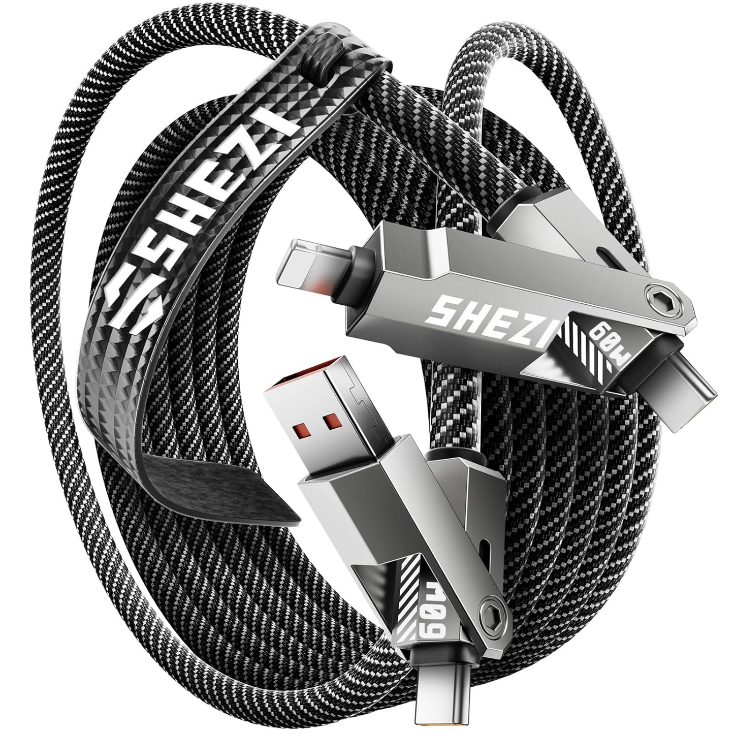 SHEZI Nylon Braided 4 in 1 USB C Cable 60W 10FT Compatible with Lightning Cable, Fast Charging for iPhone/iPad Charger Cord [480Mbps Data Sync],Multi Charging Cable with Type C/USB A, Grey