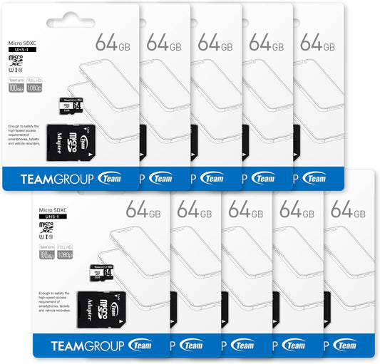 TEAMGROUP Micro 64GB x 10 Pack UHS-I U1 Class 10 SDHC SDXC Read Speed up to 100MB/s High Speed Flash Meomry Card with Adapter for Camera, Surveillance, Full HD Shooting TUSDX64GCL10U66