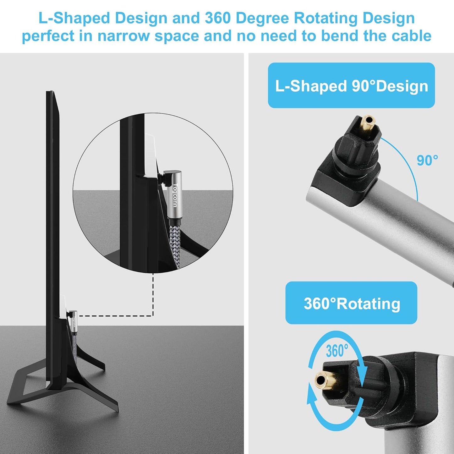 Optical Extension Fiber Digital Cable Adapter 0.6 Feet（2 Pack）, 90 Degree Right Angle & Straight Male to Female Coupler, Toslink Audio Cable, Nylon Braided for Home Theater, Soundbar, TV and More