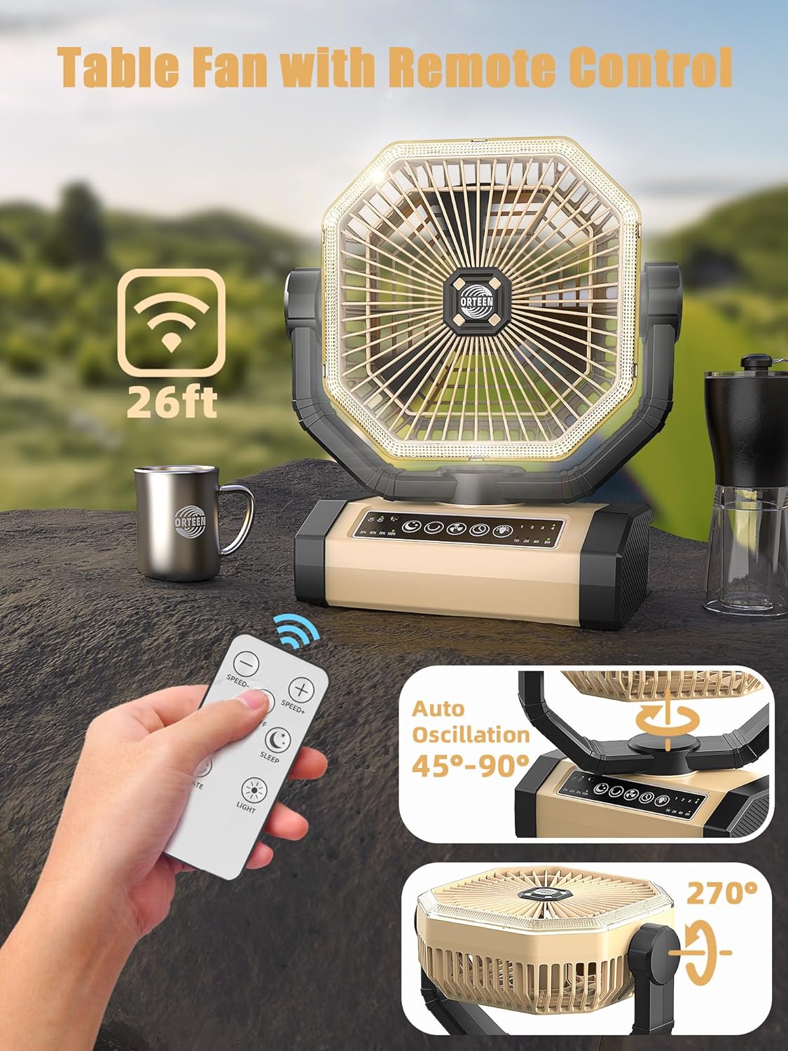 Camping Fan Rechargeable - 9-Inch Battery Powered Fan, 20000mAh(60Hrs) Battery Operated for Camping, Auto Oscillation Cordless, Tent Fan with Remote/Light, 4 Speeds, 4 Timing, Outdoor