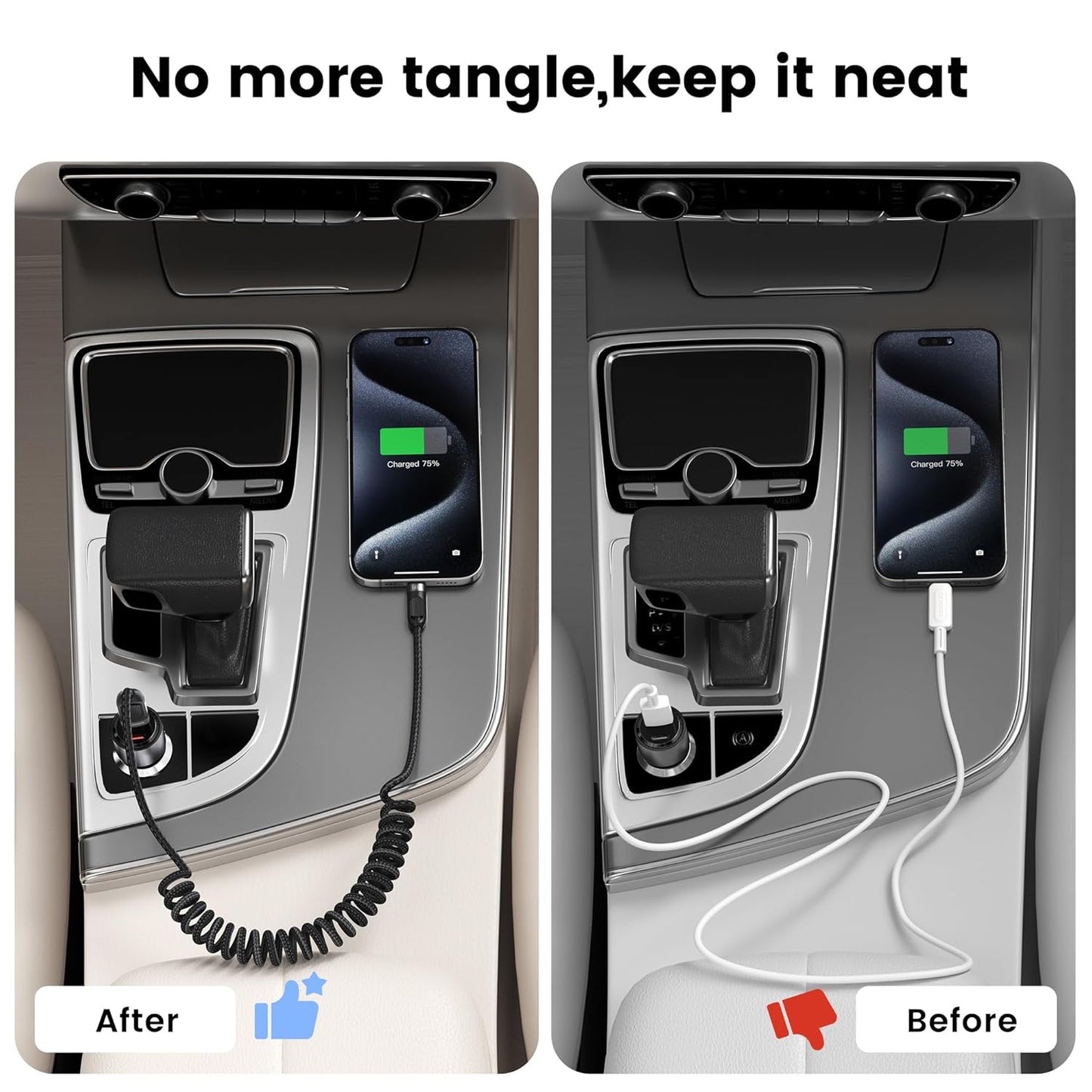 Coiled USB C to USB C Cable 2Pack 3FT Braided Retractable Fast Charging Cable for Car, Compatible with iPhone 16/15 Pro Max/Galaxy S24/S23/S22, Supports Car Play & Android Auto-Black