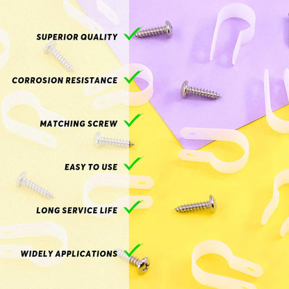 Swpeet 120 Pack White 5/8 Inch Nylon Plastic R-Type Cable Clips Clamp Kit, Nylon Screw Mounting Cord Fastener Clips with 120 Pack Screws for Wire Management (5/8 Inch, White)