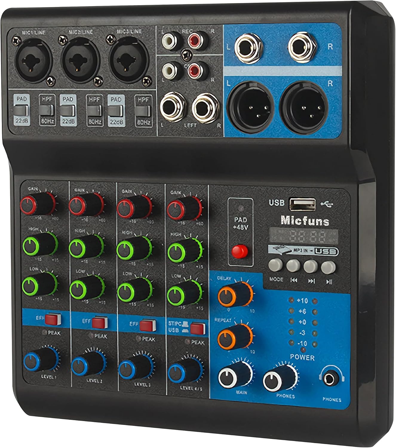 Mini audio DJ mixer Sound Board Console System,5 Channel 48V Phantom Power with Bluetooth USB MP3 Stereo live DJ Studio Streaming for professional recording party KTV stage