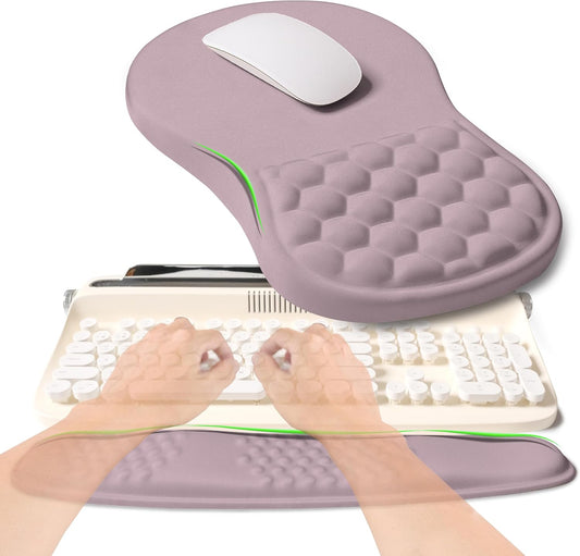 2-in-1 Ergonomic Set, Wave Rise Keyboard Wrist Rest and Massage Bulge Slope Mouse Pad Wrist Support, Cushion Memory Foam Integrated to Relieve Wrist Pain, Purple