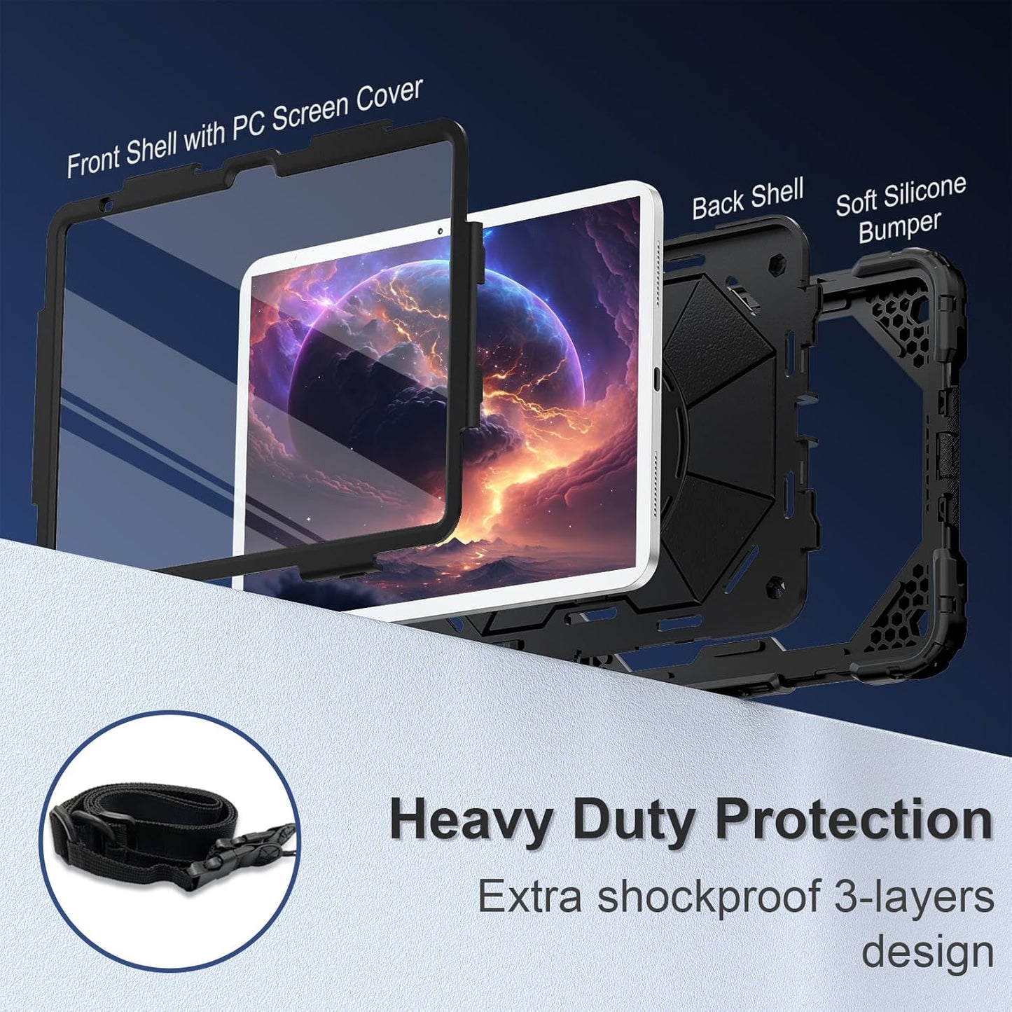 Case for iPad (A16) 11th Generation 11 Inch (2025) / iPad 10th Generation Case 10.9 Inch (2022) with 360° Rotating Stand Screen Protector Pen Holder Shoulder Strap, Black