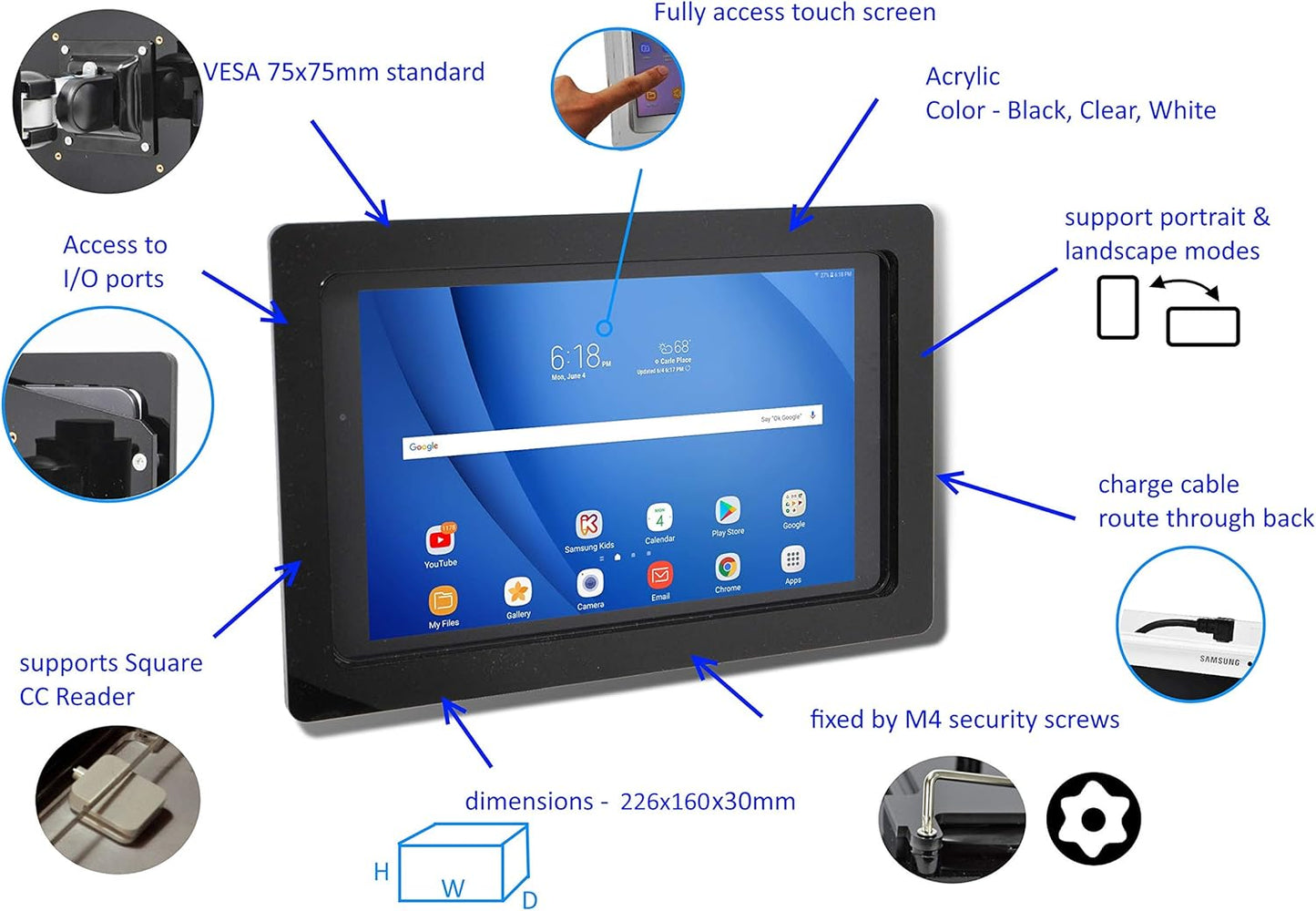 TABcare Anti-Theft Acrylic VESA Enclosure for Galaxy TAB A E S 8" 8.4" Tablet with Free Wall Mount Kit & 90-Degree Angle Charge Cable (TAB A 8.0 w S-Pen SM-P200, Black)