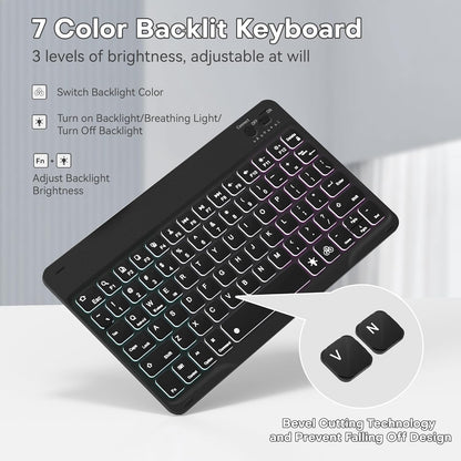 YBING for iPad A16 Case with Keyboard 11th &10th Generation, 360 Rotation Magnetic Cover with 7-Color Backlit Wireless Detachable Keypad with Pencil Holder for iPad 11th 2025/10 Gen 10.9" 2022 (Black)