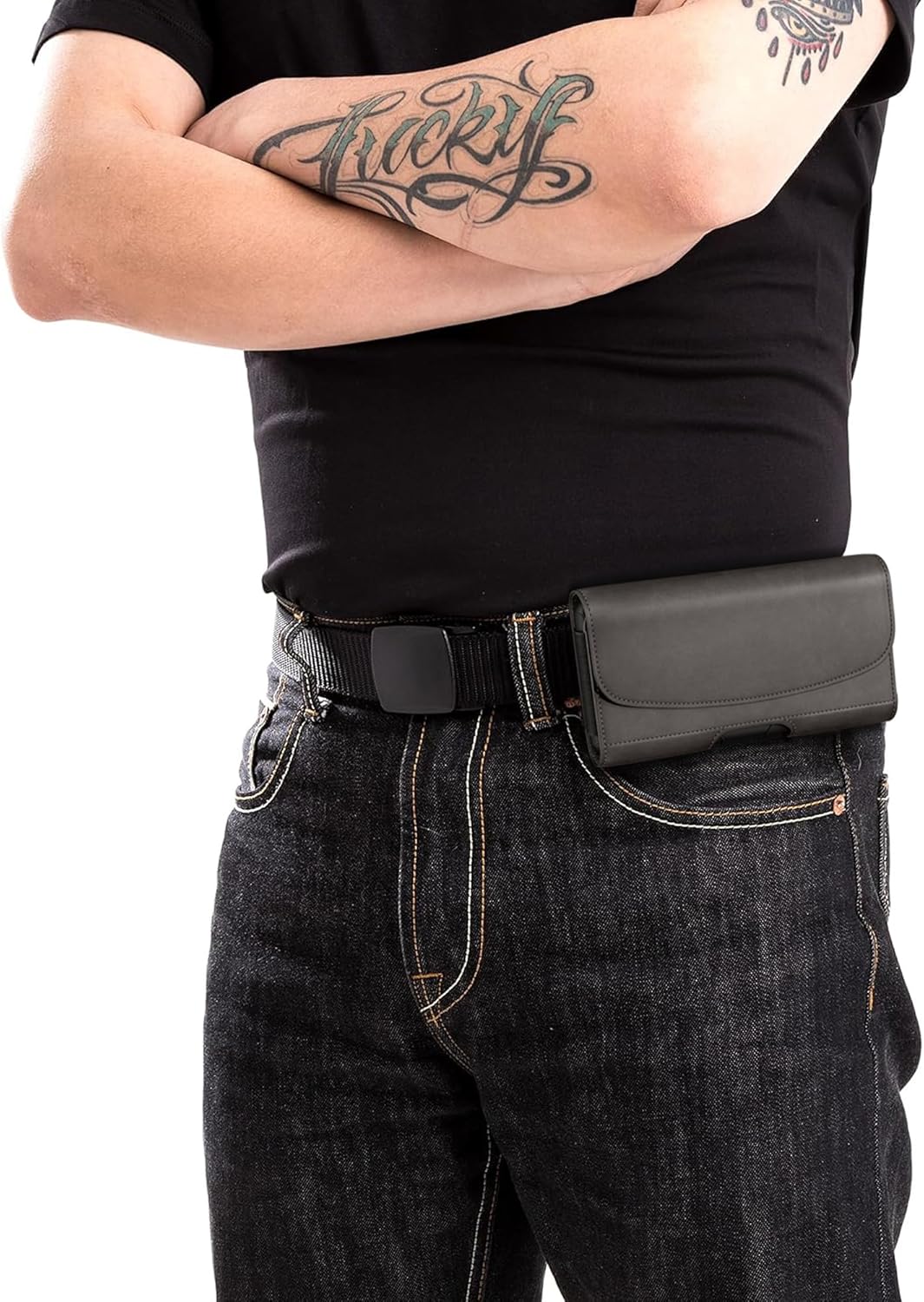 Case for Large iPhone Plus, Pro Max 16 15 14 13 12 11 XS, Samsung Galaxy S25+ S24+ S23+ S22+ S21+, Cell Phone Belt Holster Clip, ID Card Holder Pouch, Fits with Case On, Pewter Large