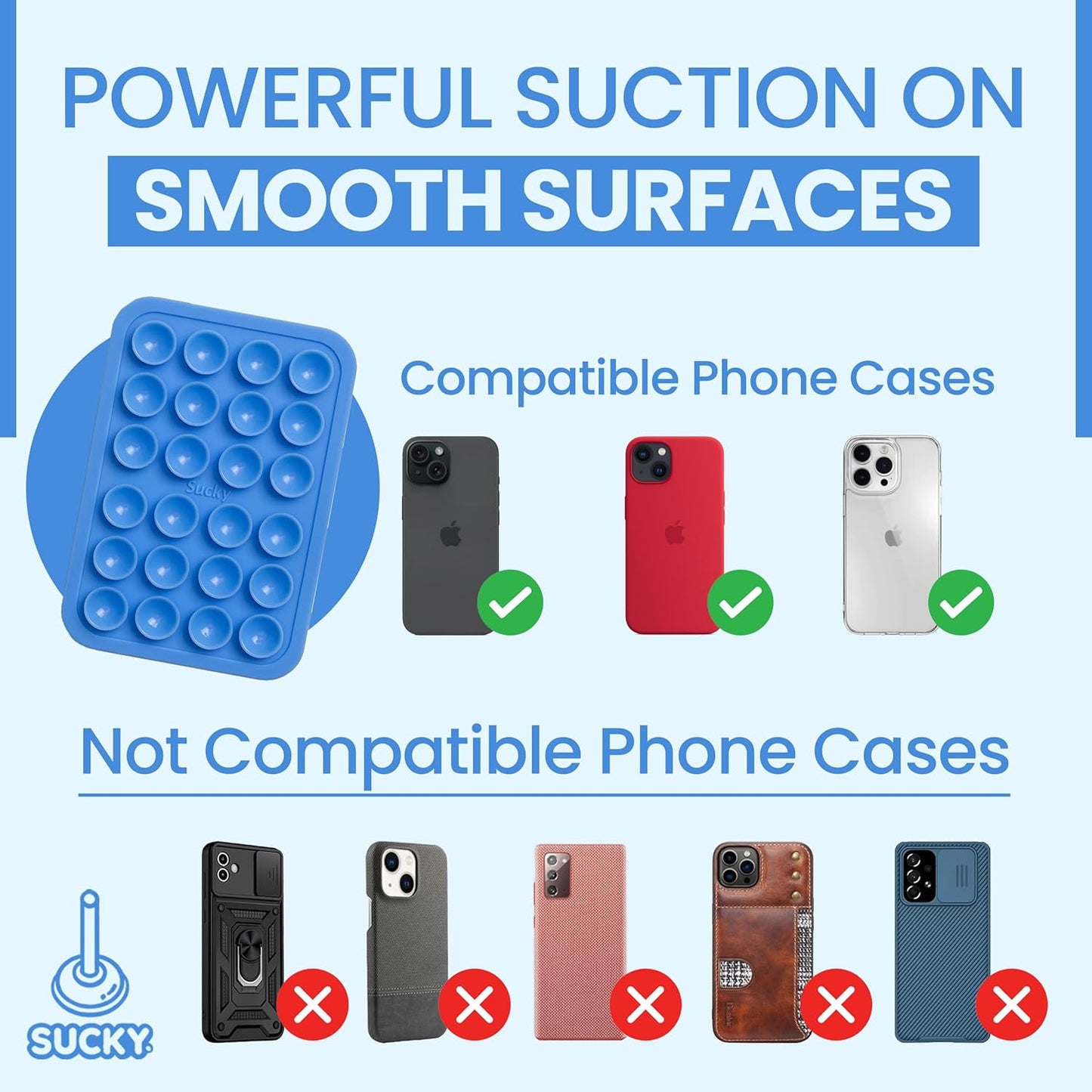 SUCKY Silicone Suction Phone Case Adhesive Mount - Anti-Slip Holder, Hands-Free Fidget Toy, Phone Accessory for iPhone and Android - Blue
