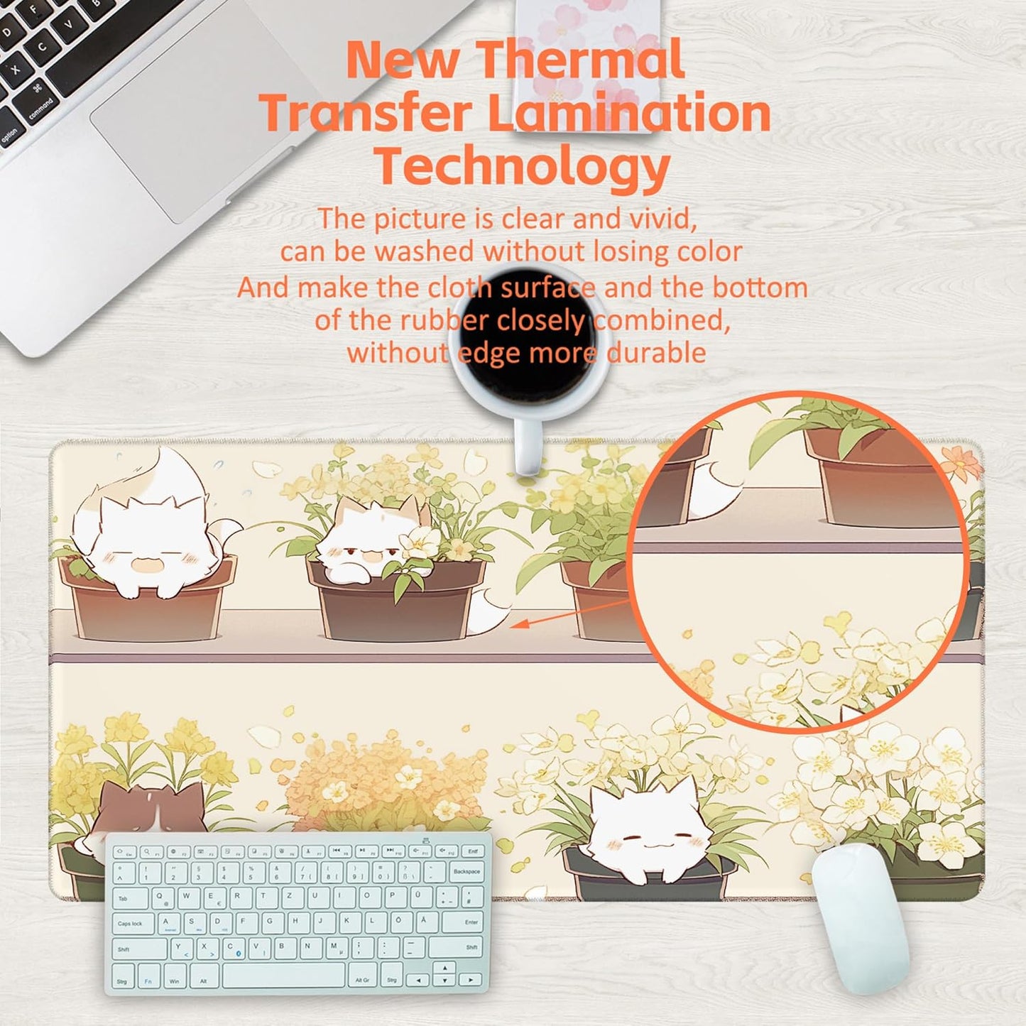 Desk Pad, Cute Cat Potted Plant Desk Mat, Anime Kawaii Cat Large Gaming Mouse Pad for Desk, 31.5"x15.7" Extended Big Computer Keyboard Mouse Pad with Non-Slip Base and Stitched Edge