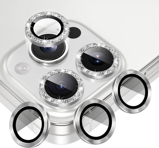 AGVEE 3+3 6 Pack for iPhone 16 Pro 6.3" / 16 Pro Max 6.9" Camera Lens Cover Protector, Bling Glitter & CD-Textured Metal Ring 9H Tempered HD Glass Camera Cover Protector Film, Glitter-Silver