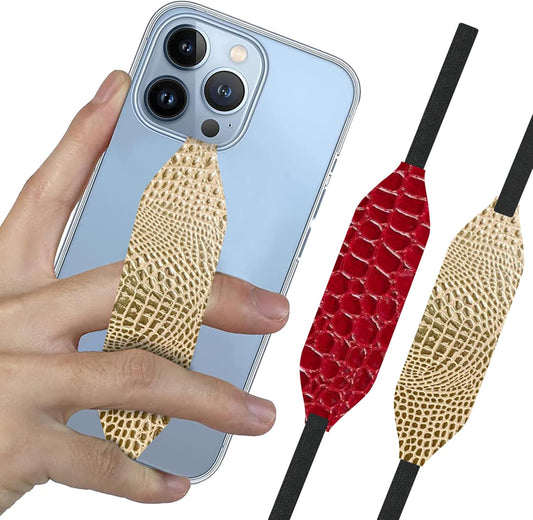 Phone Grip Strap - Reversible Finger Holder for Phone Back, Customizable Anti-Slip Design, Wireless Charging Compatible Detachable Holder for iPhone - Gold & Red Alligator