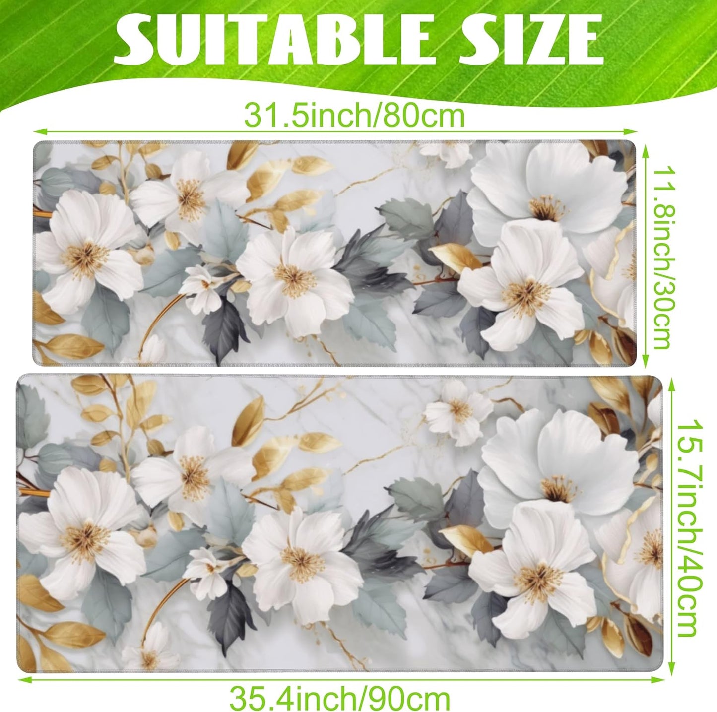 Desk Mat,White Gold Marble Desk Pad,White Flowers Golden Leaves Large Gaming Mouse Pad for Desk,Extended Big Computer Keyboard Mouse Pad with Non-Slip Base and Stitched Edge,31.5"x11.8"