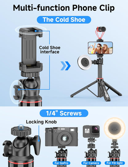 Aluminum Selfie Stick Phone Tripod, 360° Ball Head Selfie Stick for iPhone with Cold Shoe, Extendable Smartphone Tripod Stand with Remote Portable Travel Tripods Compatible with iPhone 16/15/Android