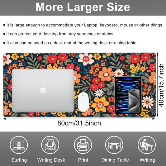 Mouse Pad, Large Colorful Flowers and Plants Desk Mat, Extended Non-Slip Gaming Keyboard Mousepad Desk Pad, Thick Stitched Edges Waterproof Mouse Mat 31.5"x15.7" (Bright Abstract Floral)