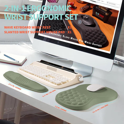 2-in-1 Ergonomic Set, Wave Rise Keyboard Wrist Rest and Massage Bulge Slope Mouse Pad Wrist Support, Cushion Memory Foam Integrated to Relieve Wrist Pain, Olive Green