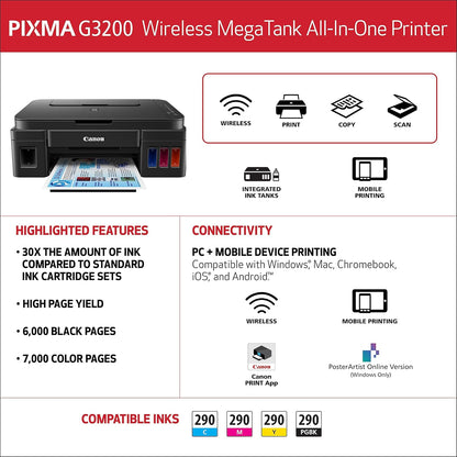 Canon G3200 All-In-One Wireless Supertank (MegaTank) Printer| Copier| Scanner| and Mobile Printing, Black, 6.5" x 17.6" x 13" (0630C002)