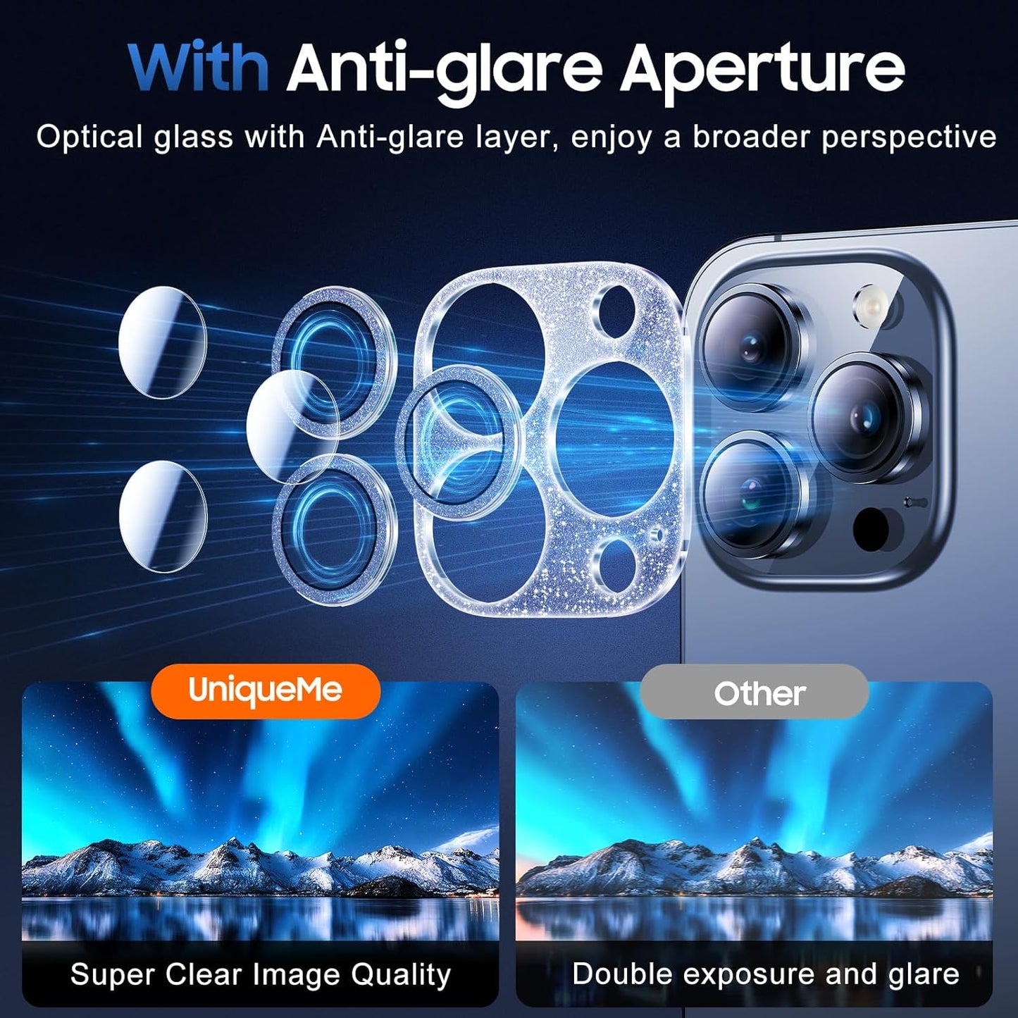 UniqueMe 3 Packs Compatible for iPhone 13 Pro Max/iPhone 13 Pro Camera Lens Protector Acrylic [Not Glass],[Case Friendly][Scratch-Resistant][Night Shooting Mode]-Glitter Blue